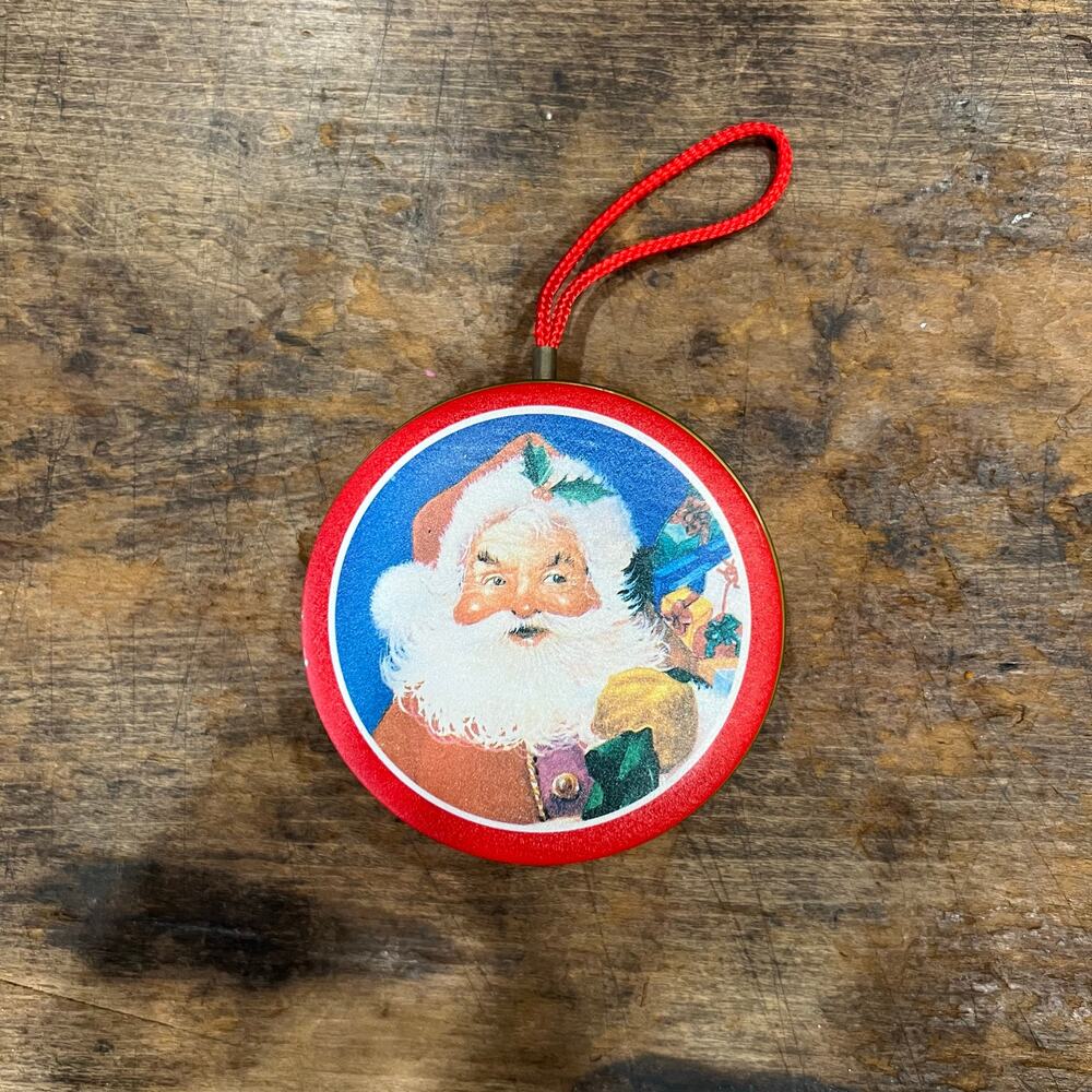 Vintage Figi's Inc Round Christmas Tin Can Santa Claus. 2.75” X 1.0” Ornament